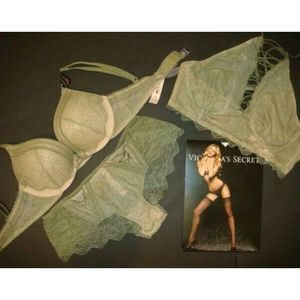 Victoria's Secret 32B BOMBSHELL BRA SET+S BRALETTE Olive GREEN LACE beige Tan